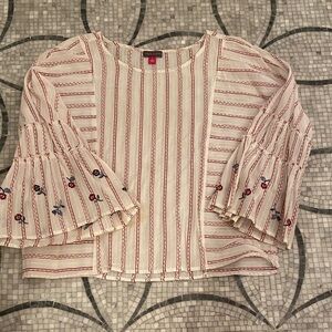 Vince Camuto Cream and Red Striped Blouse with Embroidered Bell Sleeves